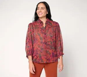 Susan Graver Printed Sheer Woven Metallic Clipped Jacquard Blouse