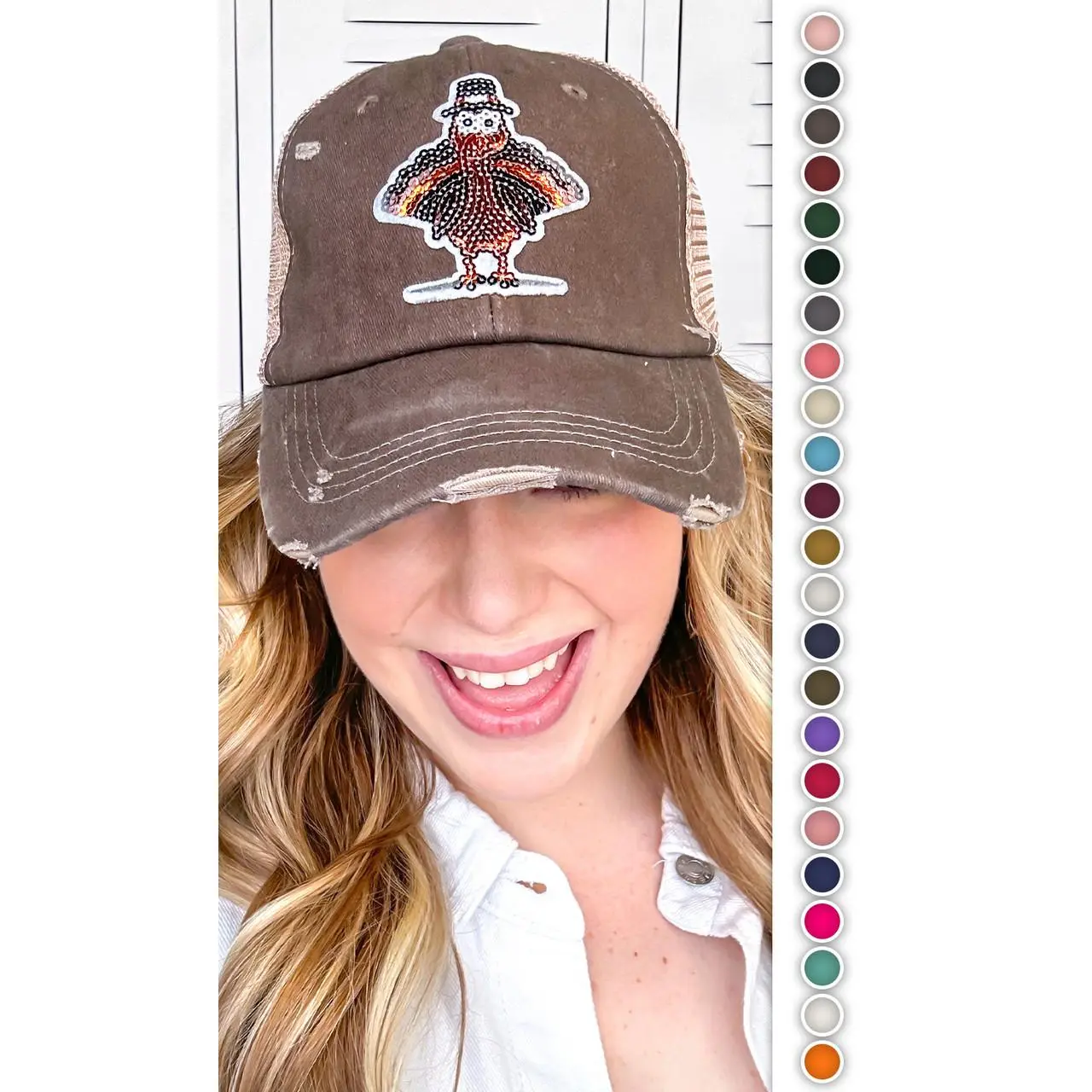 Women's Vintage Breathable Cotton Glitter Sequin Pilgrim Turkey Hat - Thanksgiving Accessory with Plastic Closure, Hand Wash Only, Flat Dry Compatible Festive Piece, Snap, Holiday, Female, Adjustable Snaps, Turkey Motif, Party, Polyester