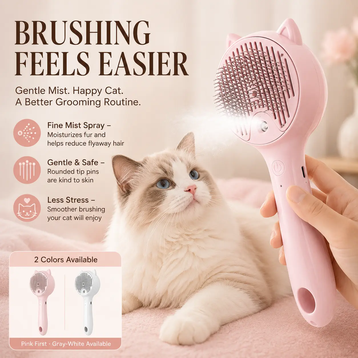 Cat Brush with Spray Mist - Pet Grooming Hair Tools for Hair Removal, Massage - Gentle Comb for Cats & Dogs