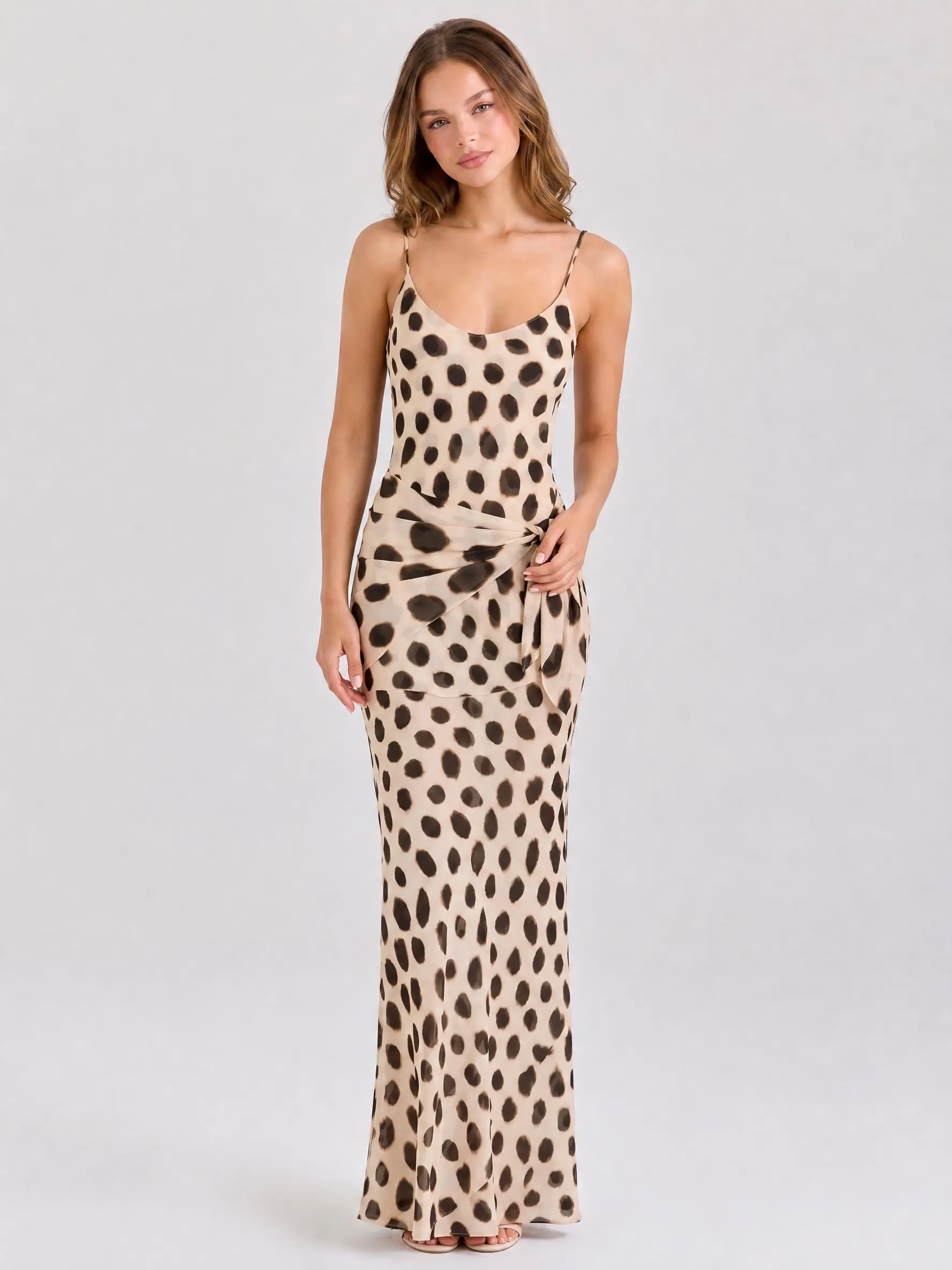 LikeMyChoice Vintage Leopard Print Spaghetti Strap Maxi Dress Side Tie Draped Mermaid Dress Holiday Club Outfit Elegant Pleated Maxi Dress