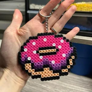 Perler Bead Donut Keychain - Pink Design with Black and purple Accents, Keychain with Decorative Beads