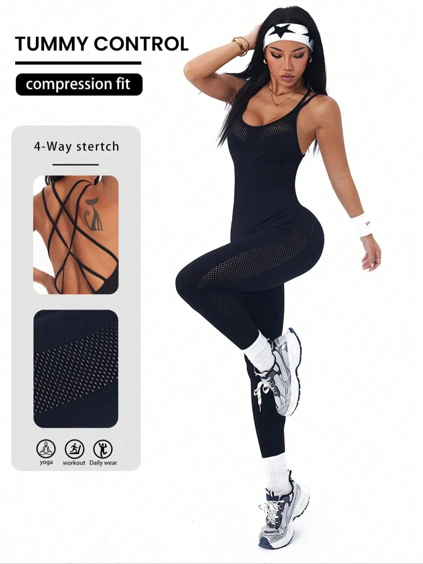 1 Piece Crisscross Back Mesh Unitard Sportswear Jumpsuits, Sleeveless Yoga Jumpsuits, Stretchable Activewear, Fitness Activewear, Sporty Jumpsuit | Tummy Control & 4 - Way Stretch | For Yoga & Workouts