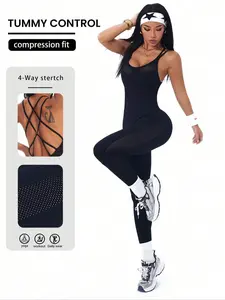 1 Piece Crisscross Back Mesh Unitard Sportswear Jumpsuits | Tummy Control & 4 - Way Stretch | For Yoga & Workouts