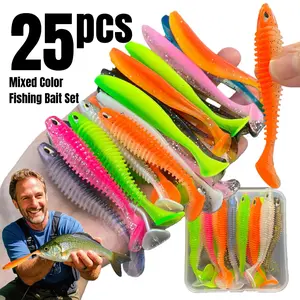 25pcs Mixed Color Fishing Bait Kit, Paddle Tail Small Bream, Silverfish Worm Swimming Baits, Suitable for Bass Fishing, Texas Rig, Trout, Crawfish Fishing, Two Size Combination Set, Fishing Gear Set