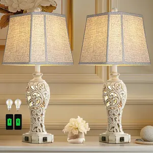 Hettel 25" Carved Resin Lamps with Night Light + Dual USB Ports (Set of 2)
