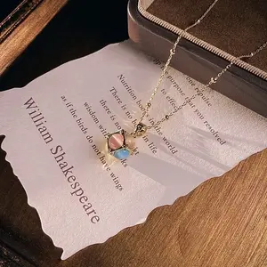SIXFOX Colorful Gemstone Cube Pendant Necklace +earrings, 18K Gold-Plated Beaded Chain, Minimalist Unique Design Light Luxury Clavicle Chain