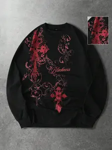 Men's black waffle-knit long-sleeve top with red gothic cross and floral prints, featuring the word "Blackness". The crew neck, loose fit and textured fabric create a vintage streetwear vibe, ideal for casual daily wear and layered outfits.