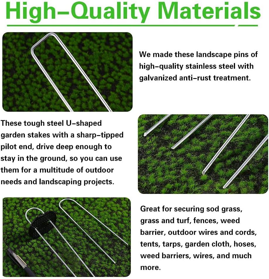 101-Piece Ergonomic Galvanized U-Shaped Garden Stakes Kit - 50 6-in 2.2mm Thickness Heavy-Duty Steel Wire Garden Staples, 50 Plastic Fixing Gaskets, 1 Pick Hook for Weed Barrier Cloth, Landscaping, Holiday Decorations