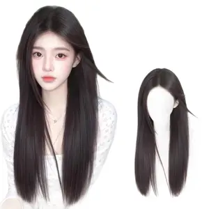 Women's Full Head Synthetic Wig Long Black Straight Middle Part Fluffy Natural Daily Hairstyle Wig for Everyday Use