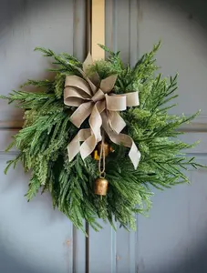 Rustic Christmas Wreath with Bells & Neutral Bow, Farmhouse Holiday Door Decor, Winter Greenery Wreath, Christmas Wreath for Front Door.