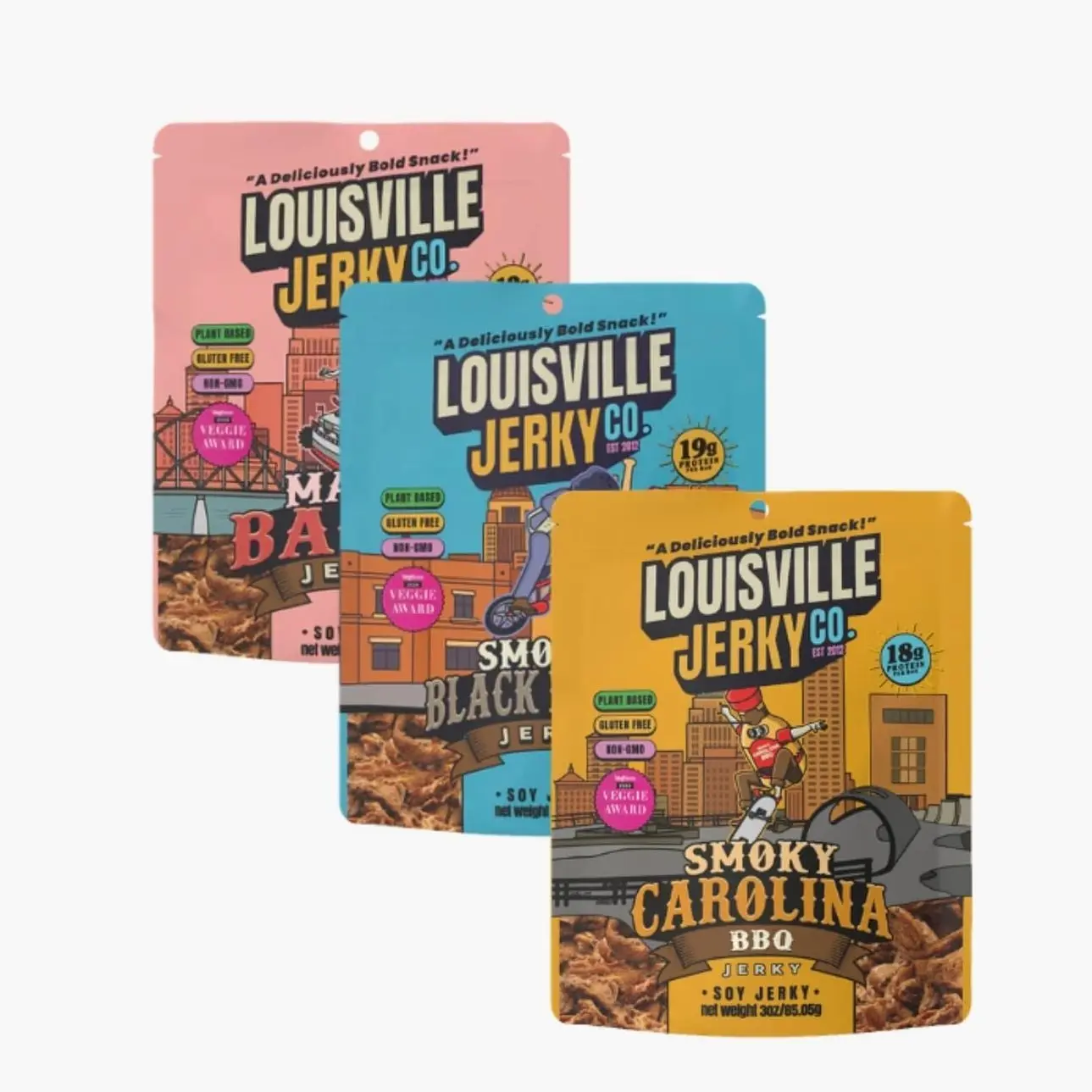 Louisville Vegan Jerky Co. Best Sellers 1 Variety Bundle Vegan Jerky 3 oz. 3 pack (Smoky Carolina BBQ, Smoked Black Pepper, Maple Bacon)