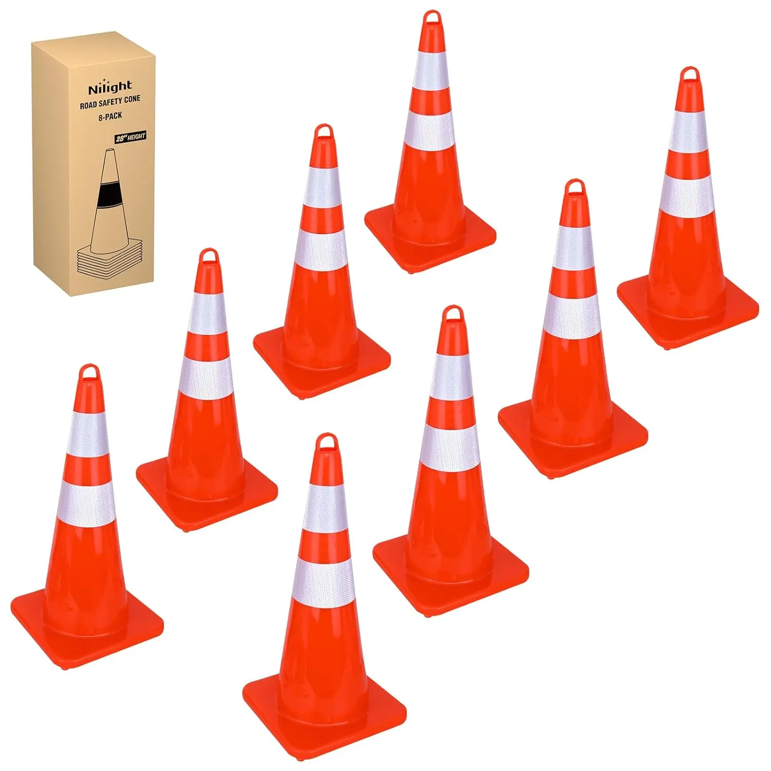 Nilight 28 inch Traffic Safety Cones, 8  Pack Durable PVC Orange Cones with Reflective Collars for Road Safety, Parking, Construction Work, Sports Training