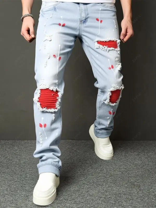 H126 Men Streetwear Multi‑Ripped Red Patch Floral Print Loose Straight Jeans