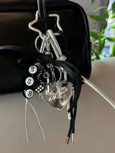 Dice & 8-Ball Rope Bag Pendants, Star-Shaped Clasp Bag Chain Charms, Heart Locket & Bow Bag Charm Pendants, Edgy Y2K Bag Decoration Keychain, Cool Streetwear Bag Pendant for Backpack Purse, Sparkly Bag Charm