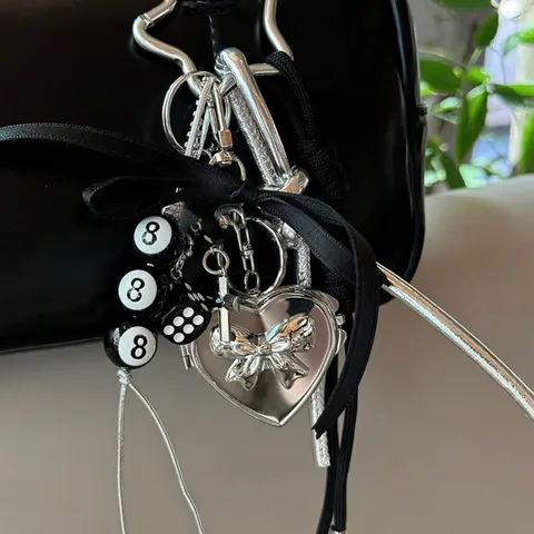 Trendy Bag Charms, Dice & 8-Ball Rope Bag Pendants, Star-Shaped Clasp Bag Chain Charms, Heart Locket & Bow Bag Charm Pendants, Edgy Y2K Bag Decoration Keychain, Streetwear Bag Pendant for Backpack Purse, Holiday Gift for Alternative Fashion Lovers