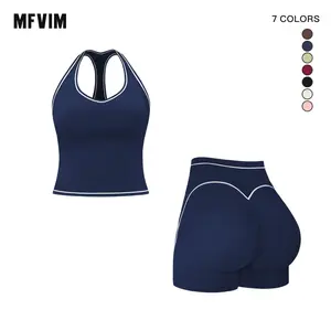 MFVIM Women's 2-Piece Solid Crop Sports Bra & High Waist Gym Shorts Athleisure Set, High-Stretch Breathable Quick-Drying Spaghetti Strap Backless Top & Drawstring Skinny Shorts for Yoga, Matching 2-Piece Outfits for Women, 2 Piece Sets