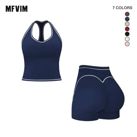 MFVIM Women's 2-Piece Solid Athleisure Sweatsuit Set - High-Stretch Breathable Quick-Drying Spaghetti Strap Backless Crop Workout Top & High Waist Drawstring Skinny Strap Shorts, Gym Activewear for Yoga, Women 2 Set Clothes