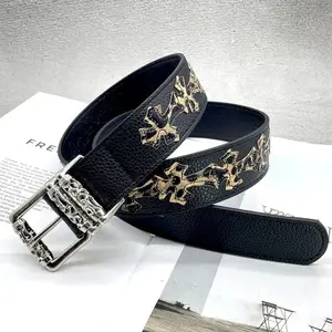 Modern Couple Belt with Lychee Grain, Floral Buckle, and Hollow Vine Roller Design