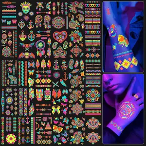 201pcs Glow in the Dark Temporary Tattoos for Adults and Kids, Glitter Tattoo Kit, Neon Body Face UV Blacklight Fake Tattoos Stickers, Glow in the Dark Party Supplies, Rave Accessories (32 Sheets)