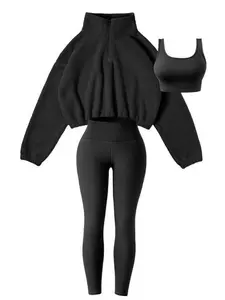 Amoyer New 2026 3-Piece Tracksuit Set for Women, fleece-lined zip jacket + top + high-waist pants, cozy springtime activewear for gym, running, travel（gift）