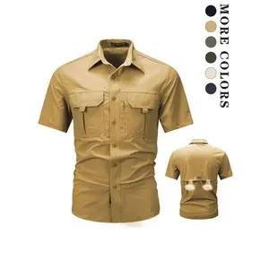 Men's Solid Patched Short Sleeve Shirt, Quick Drying Casual Outdoor Top, Summer Clothes Menswear,