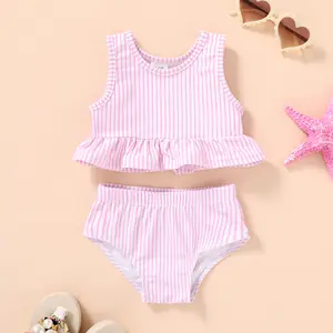 Toddler Girls’ Summer Striped Sleeveless Two-Piece Beach Bikini Swimsuit Set
