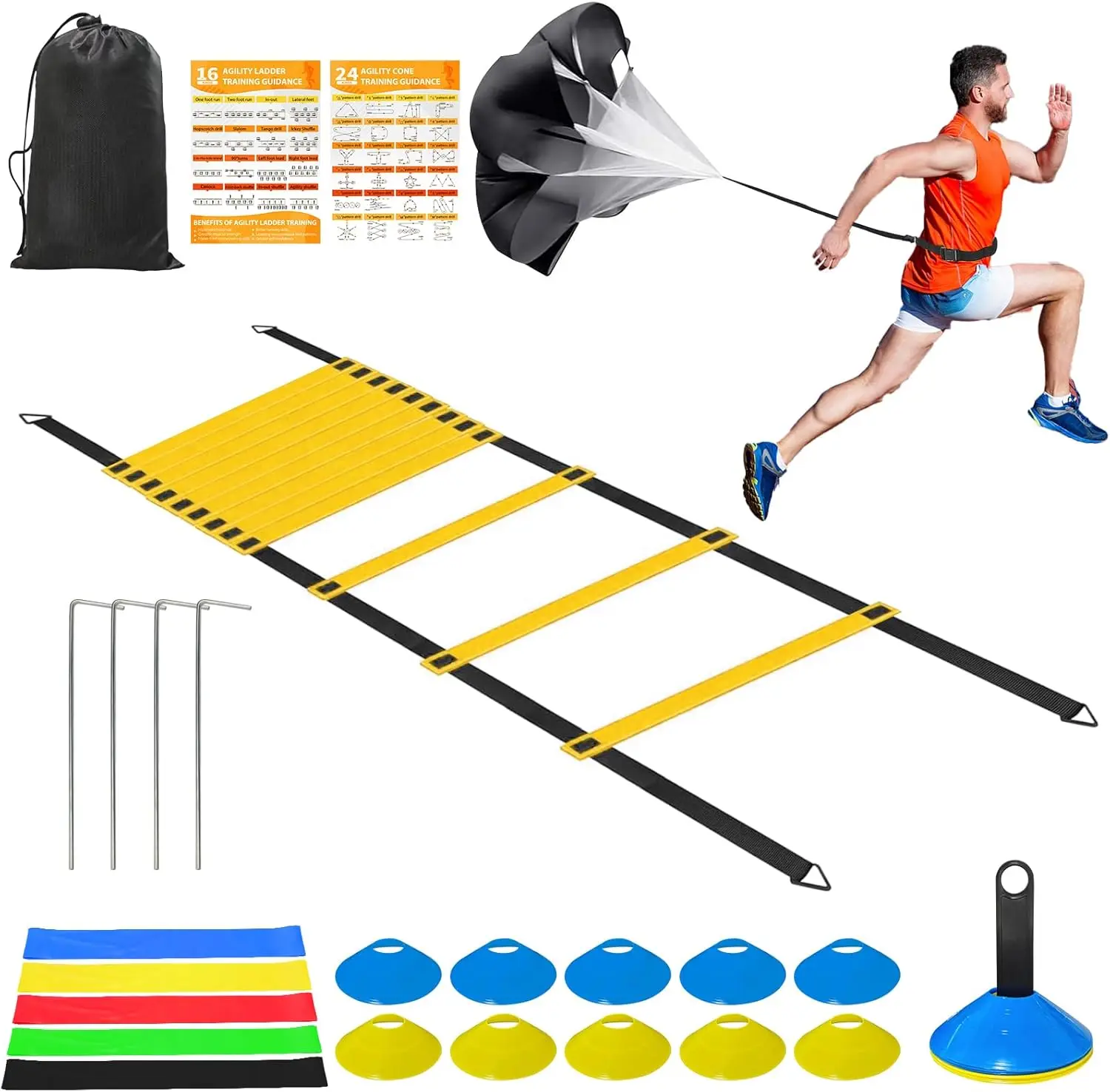 Speed Agility  Equipment Set - 20ft Agility Ladder, 10 Disc Cones, Resistance Parachute, 5 Resistance Bands & Carry Bag | Football Soccer Basketball Fitness Drills for  Adults