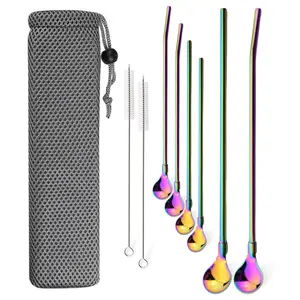 Reusable 304 Stainless Steel Spoon Straws Set of 9, Long Handle Drinking, Mixing, Stirring Spoons for Ice Cream Coffee Cold Drinks Iced Tea Milkshake Cocktails, Drinkware