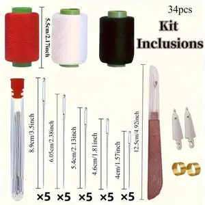 34pcs Large-Eye Sewing Kit for Seniors Hand Needles Easy Threading 3 Spools Polyester Thread Black White Red Storage Tubes Comprehensive Steel Needle Set for Home Quilting Crafting