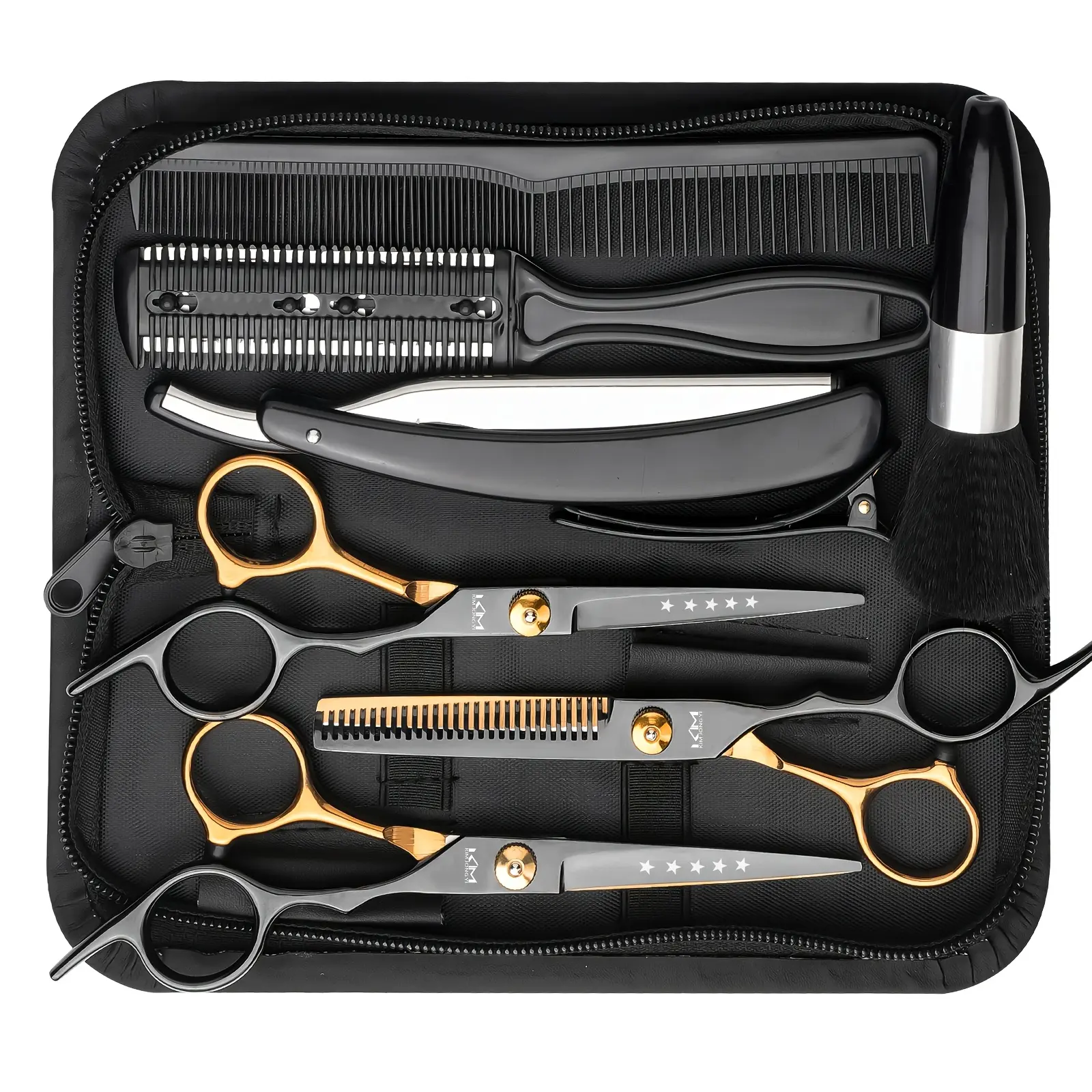 10pcs joyyh Professional Hair Cutting Kit - Black & Golden Stainless Steel, 6. 5" Scissors for All Hair Types, Includes Texturizing Shears, Comb, Cleaning Brush - Ideal for Salons & Home Use Haircare Heatless