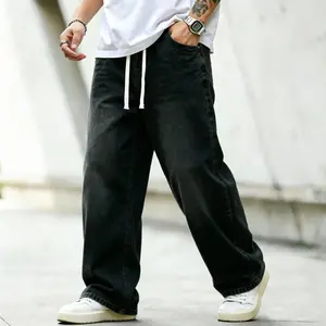 Men's Baggy Black Denim Trousers - Drawstring Waist, Casual Plain Viscose-Cotton-Polyester Blend, Roomy Wide-Leg Baggy Jeans, Streetwear Style, Pair with Tops or Sneakers