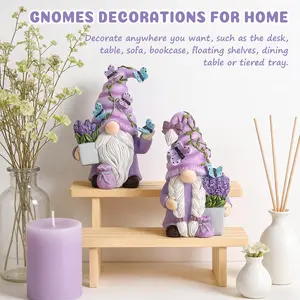 2Pcs Spring Lavender Gnomes Decor, Resin Purple Gnome Figurines with Butterfly, Indoor Outdoor Garden Gnomes Decorations for Home Yard, Cute Spring Gnomes Gifts for Women