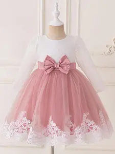 Toddler Girl's Frill Trim Bow Decor Princess Peach Dress Poof Dress, Elegant Fashion Casual Crew Neck Dress for Party Holiday Wedding Guest, Kids Clothing for All Seasons