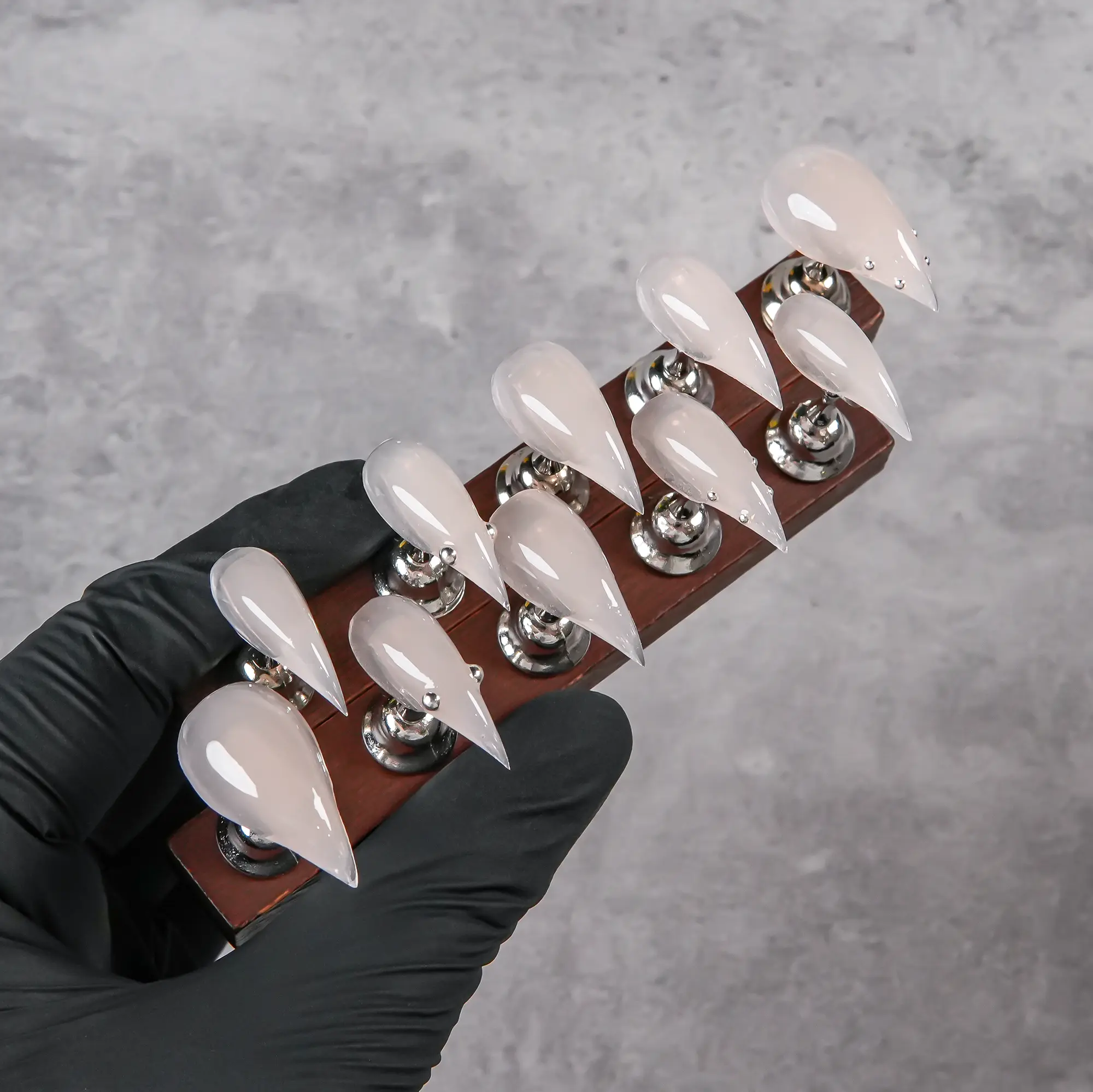 Handmade Long Pointed Press-on Nails - Removable, Smooth Raw Jade with Translucent Base, Scattered Small Silver Beads, Minimalist Elegant Nail Art Accessories for Everyday Wear