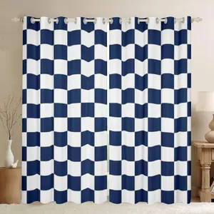 Feelyou White Blue Plaid Navy Checkerboard Blackout Curtains - Modern Geometric 30%-50% Light Blocking Window Treatments for Boys' Bedrooms