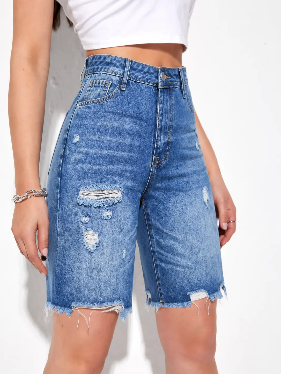 Women's Vintage Medium Wash High-Waist Knee-Length Denim Bermuda Shorts - All-Over Destroyed Ripped Holes, Uneven Frayed Raw Hem, Casual Loose Fit, Y2K American Retro Summer Distressed Jorts | Womenswear Bottom