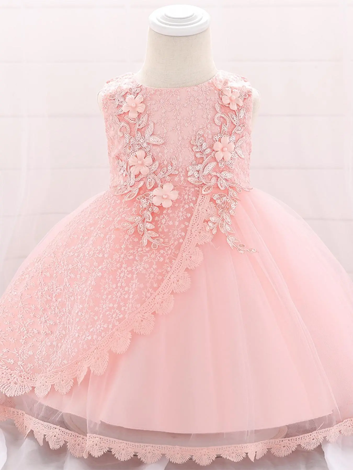 Girl's Floral Appliques Zip Up Formal Dress, Elegant Bow Decor Sleeveless Princess Dress for Party Wedding Guest, Kids Clothes for All Seasons, Summer