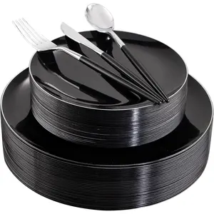 30 Guests Black Plastic Plates with Disposable Silverware, Cutlery with Black Handle,black Disposable Dinnerware:60 Dinner/Dessert Plates,90 Plastic Silverware Set for Wedding Party
