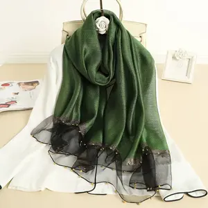 Spring Summer Autumn Scarf for Women, Thin Handmade Beaded Solid Color Shawl, Gold Thread Personalized Silk Scarf, Real Silk Scarf