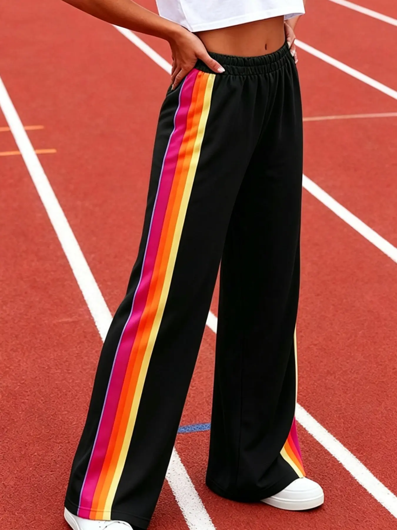 Elastic Waist Rainbow Stripe Wide Leg Pants, Retro Chic Straight Leg Casual Pants, Versatile Commute Sportswear, Athleisure Pants, Two-In-One Style