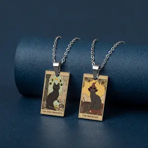 Tarot Vette Arcana, Vintage Oil Painting UV Color Printing Cat Stainless Steel Necklace Pendant