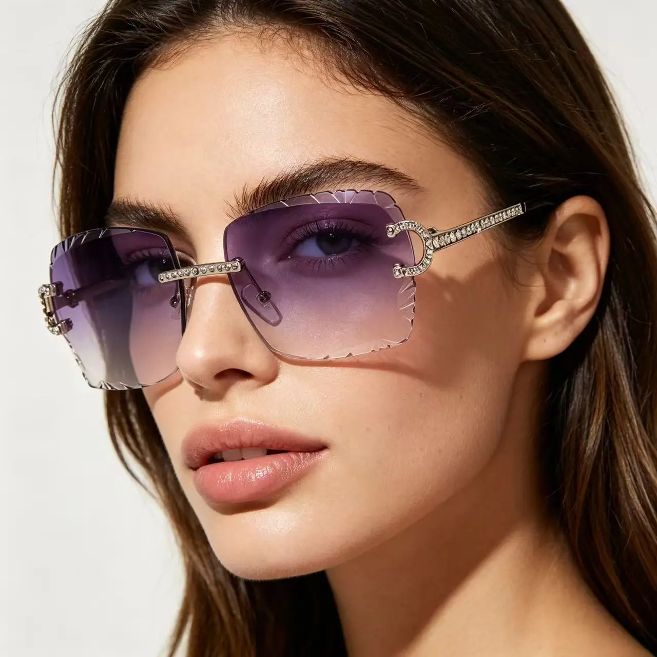 Rimless Square Gradient Sunglasses Vintage Diamond Cut Lens UV400 Protection Metal Frame for Men Women Fashion Trendy Eyewear