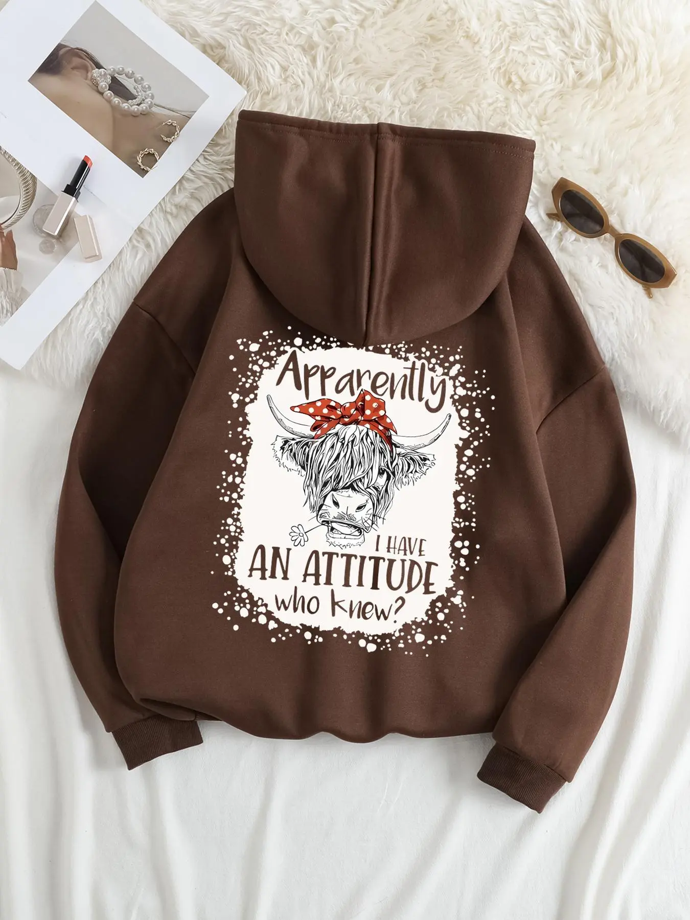 Plus Size Cartoon Cow Print Drop Shoulder Hoodie, Fashion Casual Letter Graphic Drawstring Pocket Hooded Sweatshirt for Daily Holiday Outdoor Wear, Women Plus Clothing for Fall & Winter