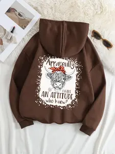 Plus Size Cartoon Cow Print Drop Shoulder Hoodie, Fashion Casual Letter Graphic Drawstring Pocket Hooded Sweatshirt for Daily Holiday Outdoor Wear, Women Plus Clothing for Fall & Winter