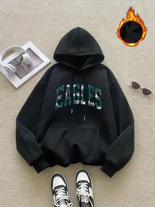 "EAGLES" Philadelphia Eagles pattern letter print, casual retro solid color long-sleeved pullover, round neck casual sports women's pullover sweatshirt, autumn and winter plus velvet women's clothing