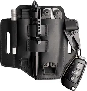 Multitool Belt Sheath, EDC Leather Belt Organizer, Belt Holder with Multitool Pouch, Flashlight Holder, Pen Holder and  Clip, Practical EDC Belt Pouch for Men