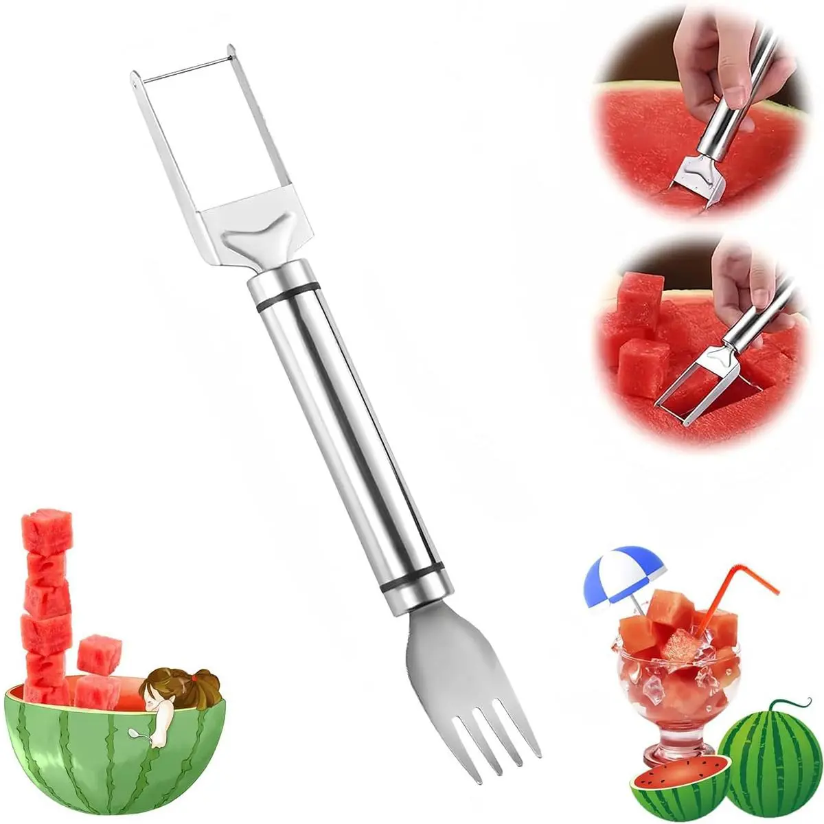 2Counts Watermelon Fork Slicer,Watermelon Slicer Cutter,Watermelon Cube Cutting Tool, 2-in-1 Stainless Steel Fruit Cutter, Dual Head Fruit Forks Slicer Knife with Round Handle,Fruit Cutting Kitchen Utensils,Kitchen Gadgets,Portable Modern