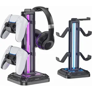RGB Headset Stand with 9 Light Modes - Controller Holder for Desk - Rotatable Headphone Stand & Detachable Controller Hook for PC Earphone Accessories(Black)