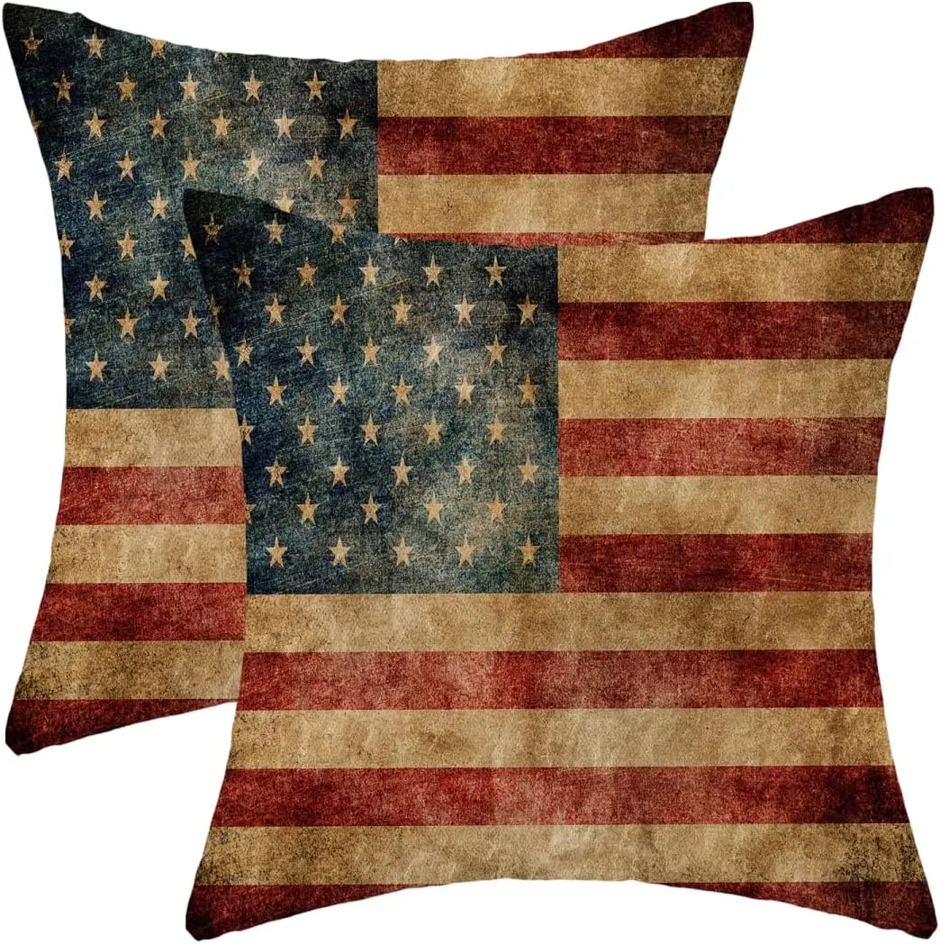 4th of July Pillow Covers 18 x 18 Inch Set of 2 Patriotic American Flag Throw Pillows Memorial Day Independence Day Outdoor Decorative Pillowcase Linen Cushion Cases for Bed Sofa Couch