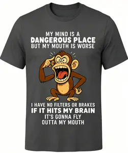 Mens Humorous Monkey Graphic T Shirt Featuring My Mind Is a Dangerous Place Slogan Perfect Casual Short Sleeve Party Tee for Fourth of July Comfortable Breathable Soft Fabric with Medium Stretch and Round Neck